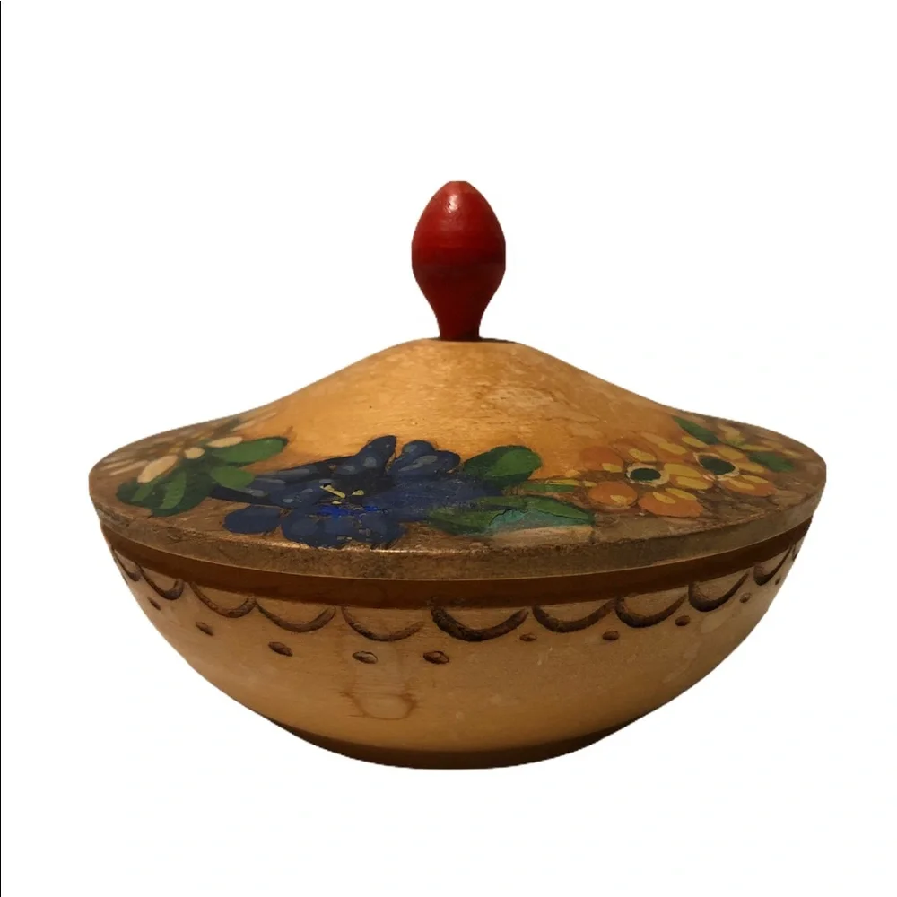 Vtg Russian Handmade Wooden Turned Painted Jewelry Trinket Ring Box Unique Art